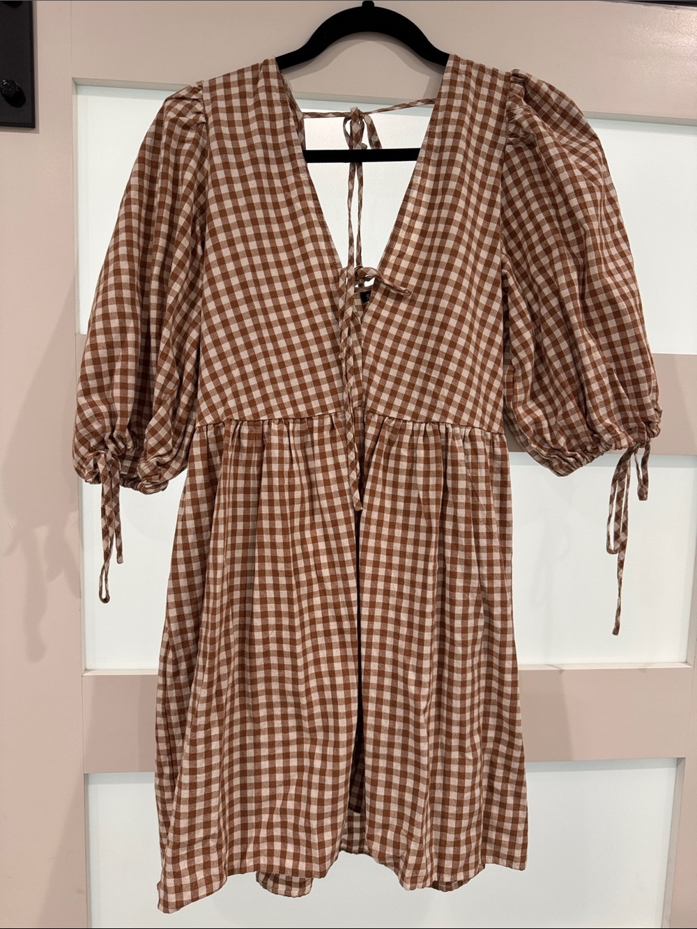 Brown Gingham Puff-Sleeve Mini Dress
